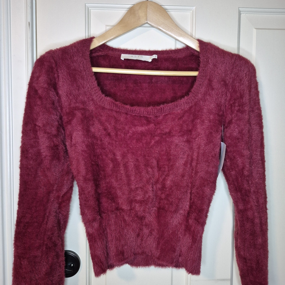 Astr Burgundy Fuzzy Knit Sweater